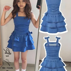 Girls Denim Tiered Ruffle Dress